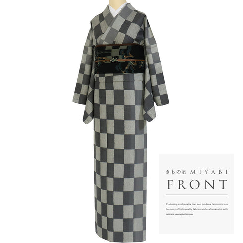 紬 リサイクル 身丈167.8cm 裄68.4cm 袷 石畳柄 木目絞柄 グレー LLサイズ お洒落 カジュアル 正絹 広衿 Sランク