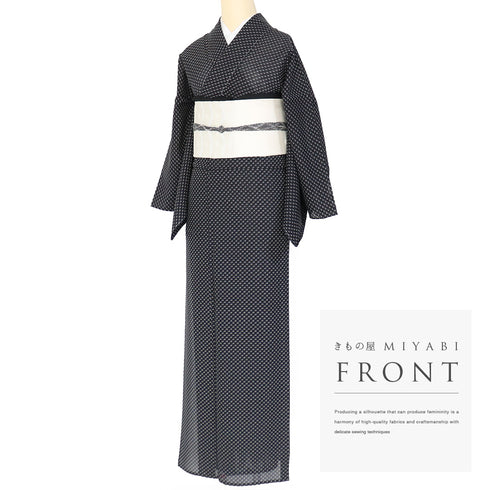 小紋 リサイクル 夏着物 身丈158cm 裄68.8cm 絽 ゆったりサイズ ブラック Mサイズ お洒落 正絹 広衿 Sランク