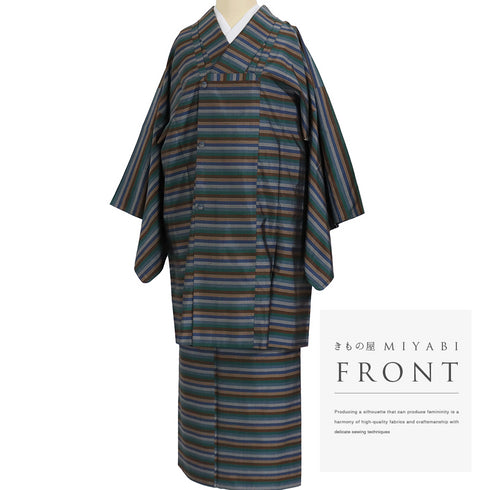 大島紬 リサイクル アンサンブル 2点セット 袷 証紙 Lサイズ Aランク ボーダー柄 カジュアル 道行コート丈89.5cm 身丈161.5cm 裄64.8cm 正絹 着物 AN-56