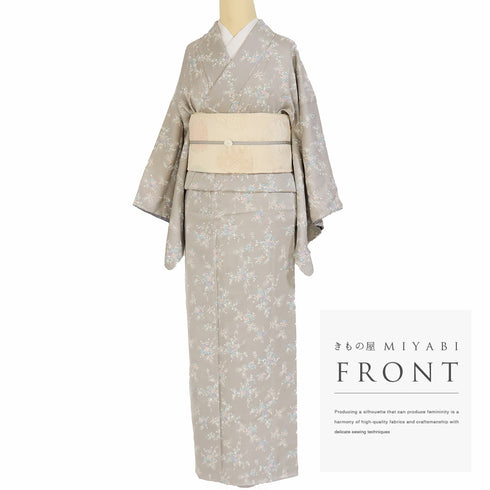 小紋 リサイクル 身丈158.5cm 裄63cm 袷 小花柄 地紋 グレー Mサイズ お洒落 しつけ糸 正絹 広衿 Aランク