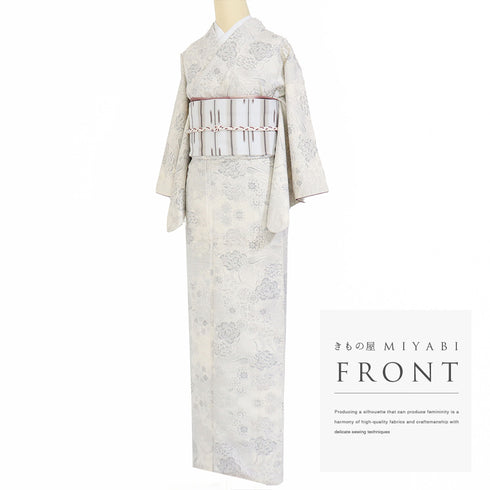 紬 リサイクル 身丈152cm 裄62.8cm 袷 御所車に花柄 ベージュ Sサイズ カジュアル お洒落 しつけ糸 正絹 広衿 Aランク