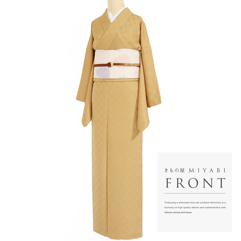 色無地 リサイクル 身丈163.2cm 裄67.2cm 袷 市松柄 イエロー Lサイズ セミフォーマル お洒落 落款 一つ紋 正絹 広衿 地紋あり Sランク