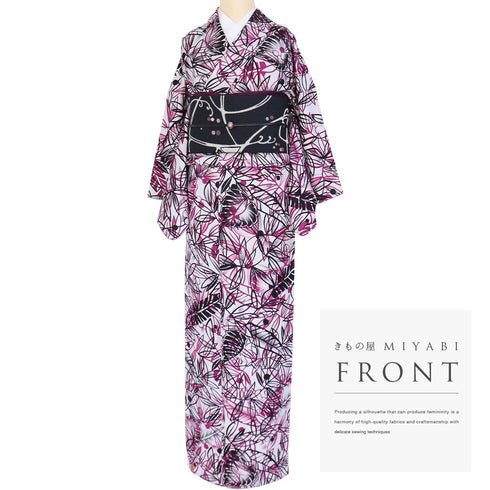 小紋 リサイクル 身丈158cm 裄64.4cm 袷 南国リーフ柄 グレー Mサイズ お洒落 カジュアル 正絹 広衿 Sランク