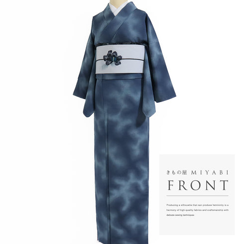 小紋 リサイクル 身丈164cm 裄64.7cm 袷 ぼかし柄 お召 ブルー Lサイズ お洒落 カジュアル 正絹 広衿 Sランク