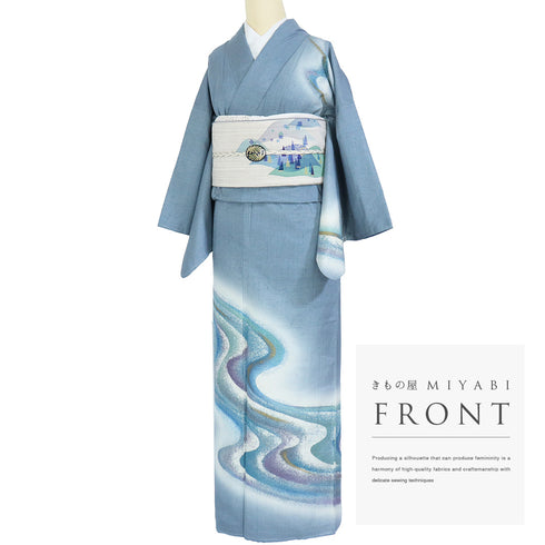 付下げ リサイクル 身丈156cm 裄65cm 袷 紬 流水柄 ゆったりサイズ ブルー Mサイズ お洒落 落款 しつけ糸 正絹 広衿 Sランク