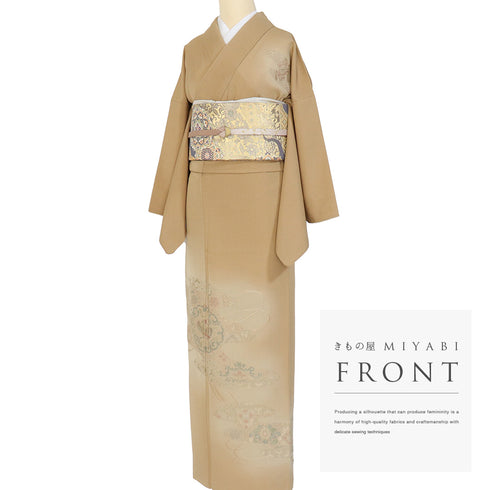 訪問着 リサイクル 身丈155.3cm 裄66.8cm 袷 霞に鳳凰や組紐柄 汕頭刺繍 ブラウン Sサイズ セミフォーマル 一つ紋 正絹 広衿 Aランク