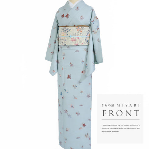 小紋 リサイクル 身丈161.5cm 裄65.4cm 袷 葉各種柄 ブルー Lサイズ お洒落 カジュアル 不明 広衿 Aランク