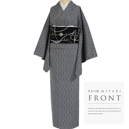 紬 リサイクル 身丈162.7cm 裄68cm 単衣 デザイン縞模様 グレー Lサイズ お洒落 正絹 広衿 Aランク