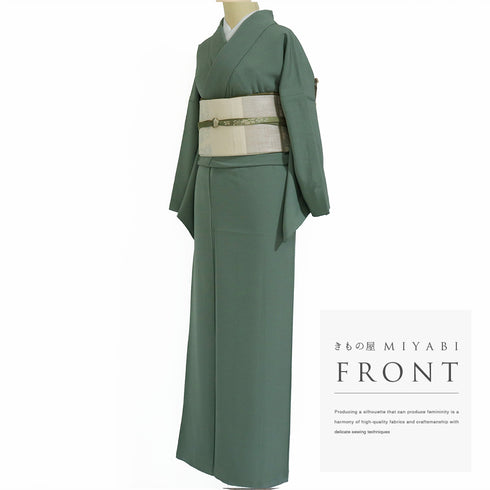 色無地 リサイクル 身丈155cm 裄68.4cm 袷 グリーン Sサイズ セミフォーマル 一つ紋 しつけ糸 正絹 広衿 Sランク