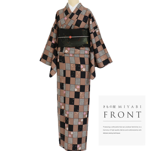 小紋 リサイクル 身丈161.8cm 裄67cm 袷 市松模様 桜柄 ブラック Lサイズ お洒落 カジュアル ポリエステル 洗える着物 広衿 Sランク