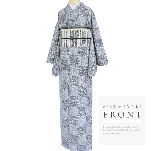 小紋 リサイクル 身丈163cm 裄66.8cm 袷 石畳に小花柄 ブルー Lサイズ お洒落 カジュアル 正絹 広衿 Sランク