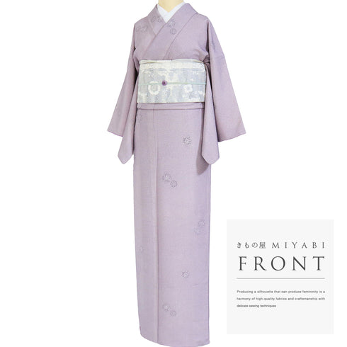 小紋 リサイクル 身丈159.2cm 裄63cm 袷 華文柄 寄せ小紋 パープル Mサイズ お洒落 カジュアル 正絹 広衿 Aランク