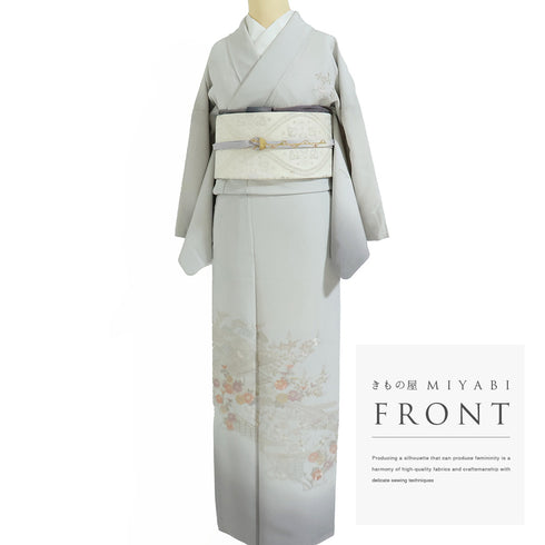 訪問着 リサイクル 身丈158.5cm 裄65.4cm 袷 風景に御所車柄 刺繍 パールトーン加工 グレー Mサイズ セミフォーマル お洒落 正絹 広衿 Bランク