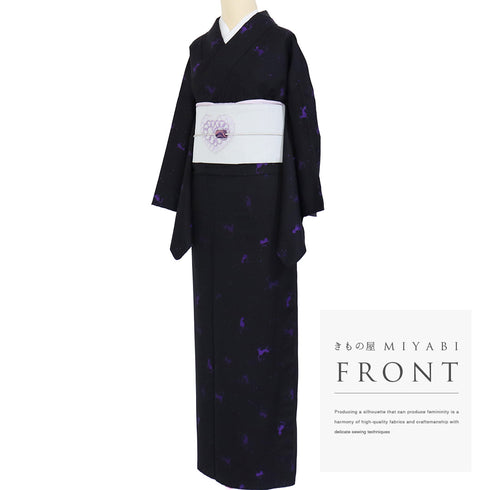 小紋 リサイクル 身丈163.5cm 裄66cm 単衣 猫柄 ゆったりサイズ ブラック Lサイズ お洒落 カジュアル 混合 洗える着物 広衿 Sランク