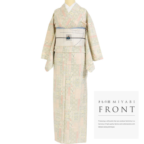 紬 リサイクル 身丈164.8cm 裄66cm 単衣 アイボリー Lサイズ お洒落 カジュアル しつけ糸 正絹 バチ衿 Sランク