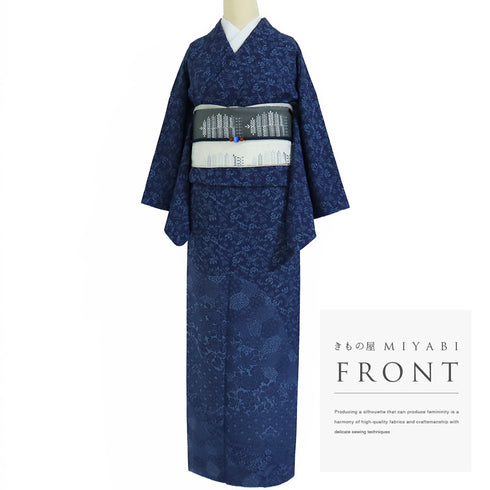 訪問着 リサイクル 身丈156.2cm 裄64.4cm 袷 竹に雀や花模様 ネイビー Mサイズ お洒落 正絹 広衿 Aランク