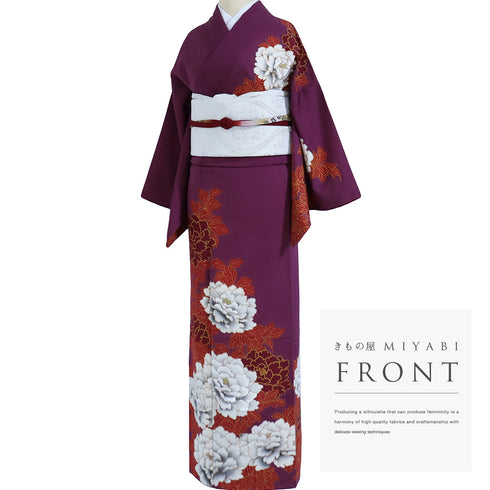 訪問着 リサイクル 身丈154cm 裄65.2cm 袷 牡丹柄 部分刺繍 箔加工 パープル Sサイズ セミフォーマル お洒落 正絹 広衿 Aランク