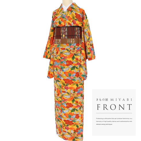 小紋 リサイクル 身丈161.5cm 裄66.4cm 袷 デザイン花柄 オレンジ Lサイズ お洒落 カジュアル 正絹 広衿 Sランク