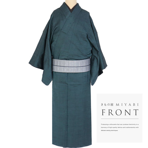 アンサンブル 男物 リサイクル 身丈137.1cm 裄68cm 羽織丈89cm 袷 紬 パールトーン加工 グリーン SSサイズ お洒落 カジュアル しつけ糸 正絹 棒衿 Sランク