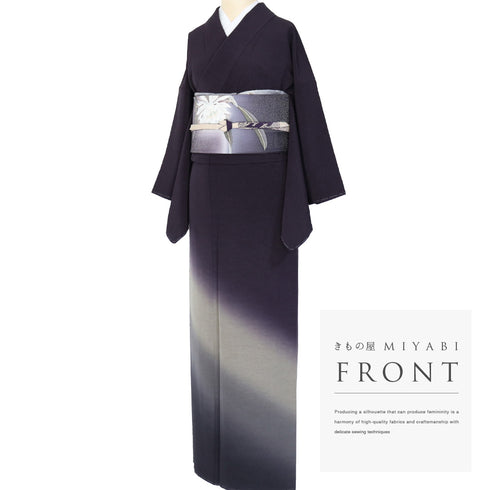 訪問着 リサイクル 身丈158cm 裄64.8cm 袷 ショール付き 銀花仙 斜めぼかし柄 パープル Mサイズ お洒落 しつけ糸 正絹 広衿 Sランク