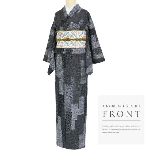 小紋 リサイクル 身丈163cm 裄65.4cm 袷 寄せ柄 パールトーン加工 ブラック Lサイズ お洒落 正絹 広衿 Sランク