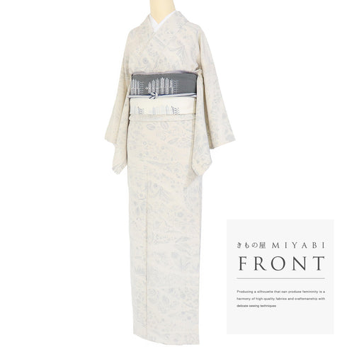 小紋 リサイクル 身丈154.2cm 裄61.5cm 単衣 植物柄 ベージュ Sサイズ お洒落 不明 広衿 Aランク