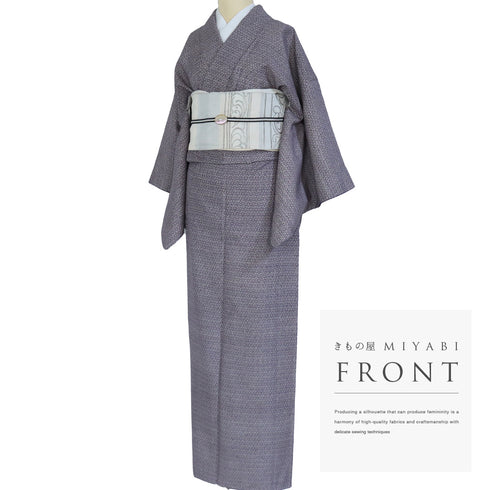 紬 リサイクル 身丈158.3cm 裄64.6cm 袷 染め パープル Mサイズ お洒落 正絹 広衿 Sランク