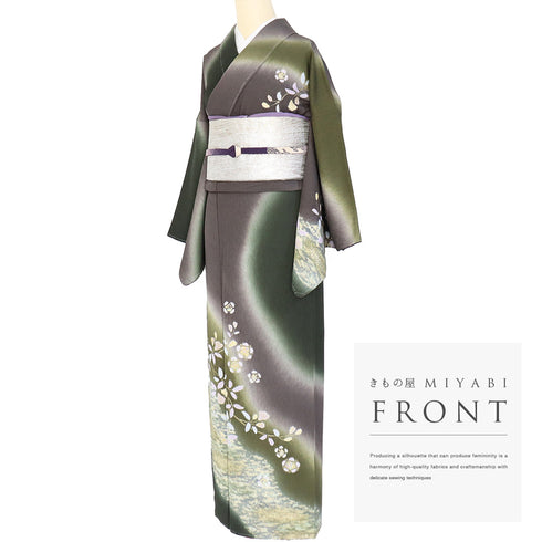 訪問着 リサイクル 身丈157.7cm 裄67.6cm 袷 花柄 ぼかし 絞り 金駒刺繍 グリーン Mサイズ お洒落 落款 しつけ糸 正絹 広衿 Aランク