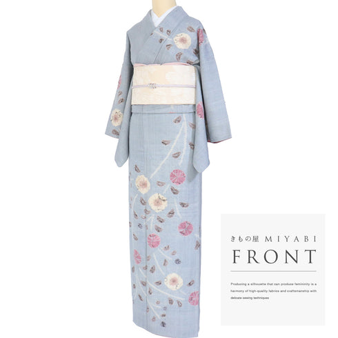 付下げ リサイクル 身丈162.7cm 裄64.8cm 袷 紬 巻き上げ絞りに花柄 ブルー Lサイズ お洒落 正絹 広衿 Aランク