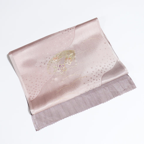 帯締め・帯揚げセット リサイクル セミフォーマル 平組紐 綸子 パープル 正絹 新品・未使用品 扇 花柄