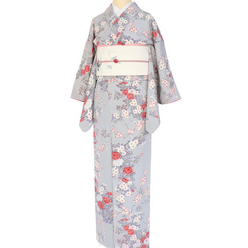 小紋 リサイクル 身丈156cm 裄62.6cm 袷 花柄 ちりめん グレー Mサイズ お洒落 カジュアル 正絹 広衿 Sランク