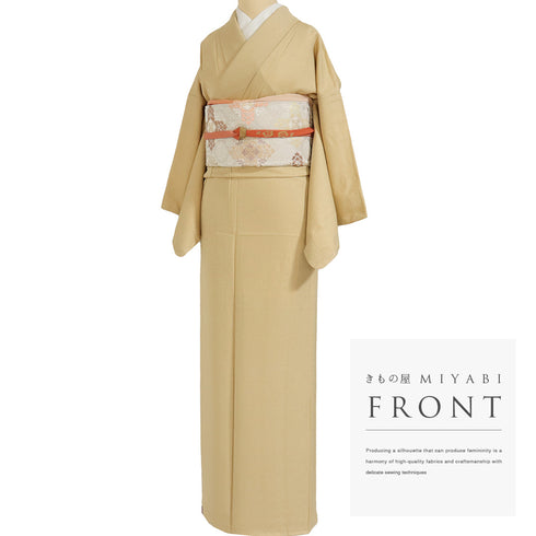 色無地 リサイクル 身丈164.2cm 裄64.6cm 袷 ベージュ Lサイズ お洒落 落款 しつけ糸 正絹 広衿 地紋あり Sランク