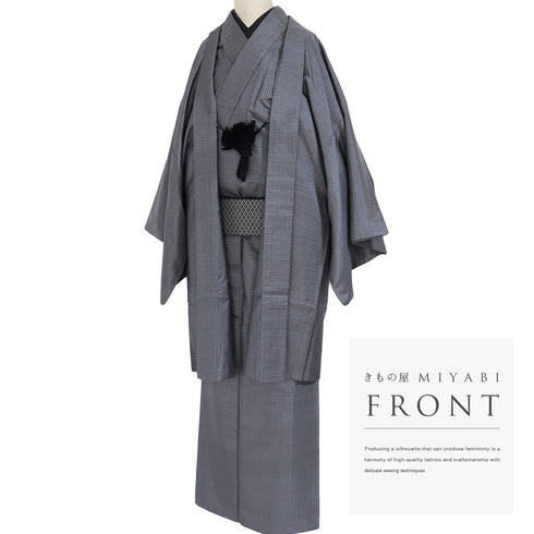 アンサンブル 男物 リサイクル 身丈146.5cm 裄70.6cm 羽織丈97cm 袷 大島 グレー Mサイズ お洒落 カジュアル 証紙 正絹 棒衿 Sランク