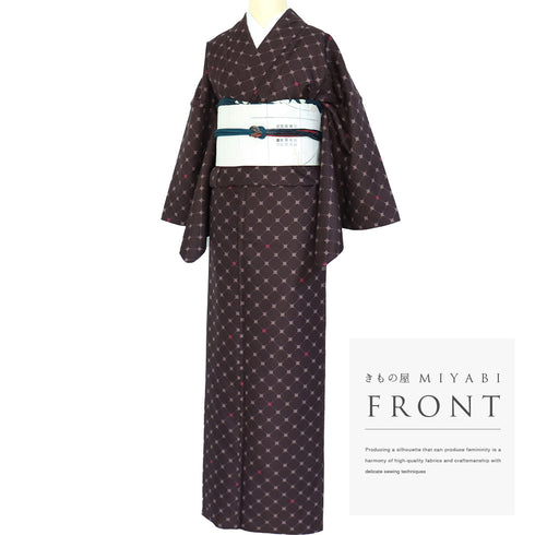 小紋 リサイクル 身丈167.8cm 裄67.5cm 袷 デザイン菱形模様 ブラウン LLサイズ お洒落 カジュアル ポリエステル 洗える着物 広衿 Sランク