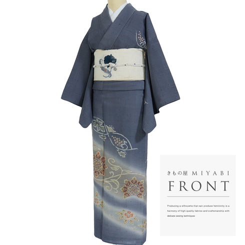 訪問着 リサイクル 夏着物 身丈162cm 裄66cm 夏物 花・葡萄柄 紬 グレー Lサイズ フォーマル 一つ紋 正絹 広衿 Bランク