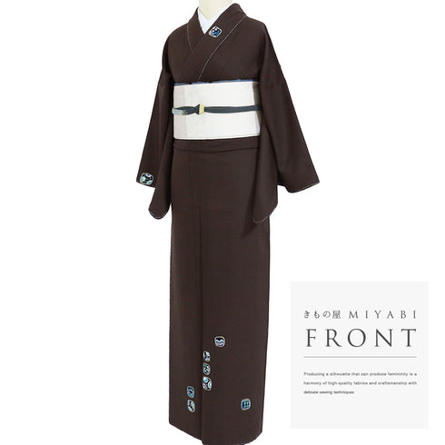 訪問着 リサイクル 身丈158.7cm 裄66cm 袷 箔加工 抽象柄 ゆったりサイズ ブラウン Mサイズ お洒落 正絹 広衿 Sランク