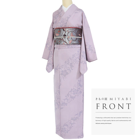 小紋 リサイクル 身丈158.8cm 裄65.2cm 袷 花唐草柄 地紋 箔 パープル Mサイズ お洒落 カジュアル 正絹 広衿 Aランク