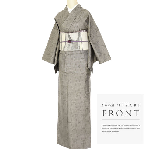 紬 リサイクル 身丈159cm 裄64.6cm 袷 デザイン網目模様 ベージュ Mサイズ お洒落 カジュアル しつけ糸 正絹 広衿 Sランク