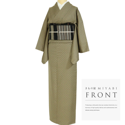 小紋 リサイクル 身丈162cm 裄63.8cm 袷 小花柄 地紋 ブラウン Lサイズ お洒落 正絹 広衿 Sランク