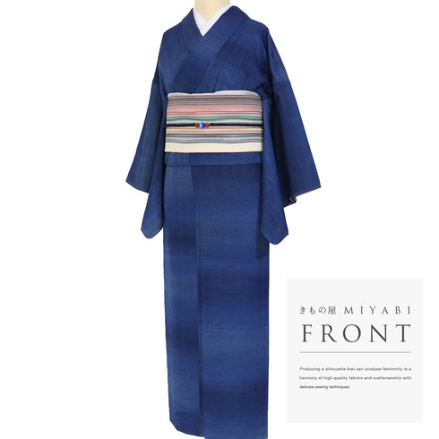 紬 リサイクル 身丈156.5cm 裄63.6cm 袷 縞模様 ラメ グラデーション ブルー Mサイズ お洒落 しつけ糸 正絹 広衿 Sランク