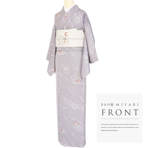 小紋 リサイクル 身丈159.7cm 裄64.6cm 袷 渦巻柄 パープル Mサイズ お洒落 カジュアル 正絹 広衿 Sランク