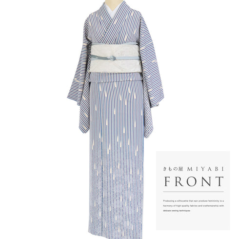 訪問着 リサイクル 身丈161.8cm 裄65.6cm 袷 ゆったりサイズ 花唐草模様 デザイン縞模様 ブルー Lサイズ お洒落 正絹 広衿 Sランク