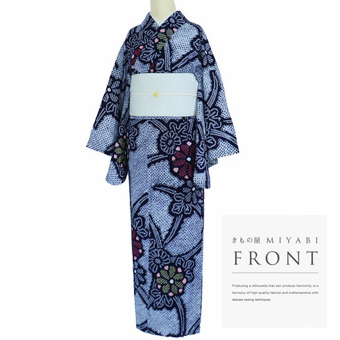 浴衣 リサイクル 夏着物 身丈154.7cm 裄68cm 夏物 絞り 花柄 ネイビー Sサイズ カジュアル 木綿 洗える着物 バチ衿 Bランク