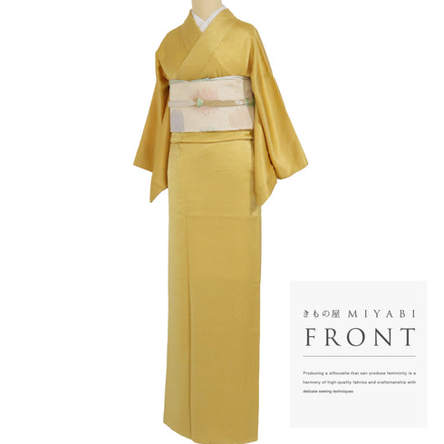 色無地 リサイクル 身丈164.5cm 裄63.2cm 袷 菊柄 イエロー Lサイズ フォーマル セミフォーマル 一つ紋 正絹 広衿 地紋あり Sランク