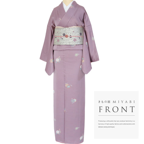 小紋 リサイクル 身丈171.5cm 裄68.4cm 袷 パールトーン加工 花柄 飛び柄 大和の歴史 パープル LLサイズ お洒落 証紙 しつけ糸 正絹 広衿 Sランク