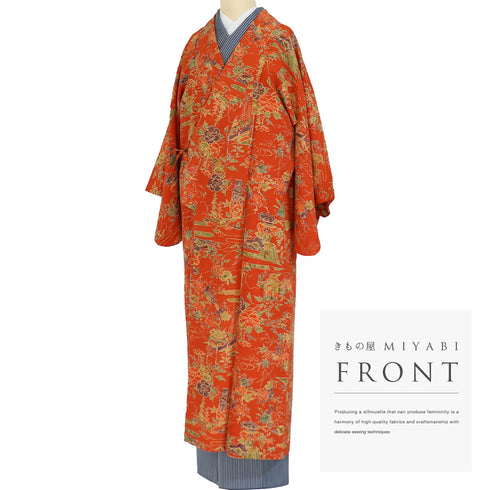 道中着 リサイクル 身丈131.2cm 裄64.8cm 袷 ロング丈 花や鳥柄 オレンジ Mサイズ お洒落 正絹 Sランク