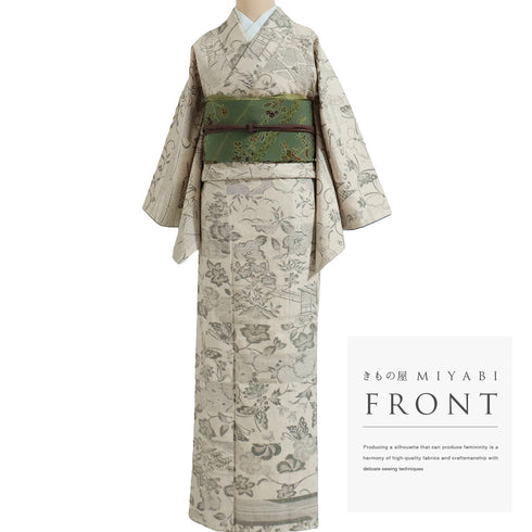 紬 リサイクル 身丈168.8cm 裄66.2cm 袷 花柄 蝶柄 ガード加工 アイボリー LLサイズ お洒落 カジュアル 正絹 広衿 Sランク