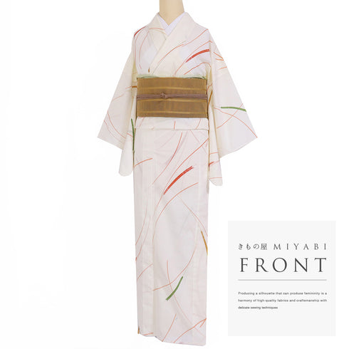 小紋 リサイクル 夏着物 身丈159.5cm 裄63.4cm 絽 稲穂柄 アイボリー Mサイズ カジュアル 不明 広衿 Sランク