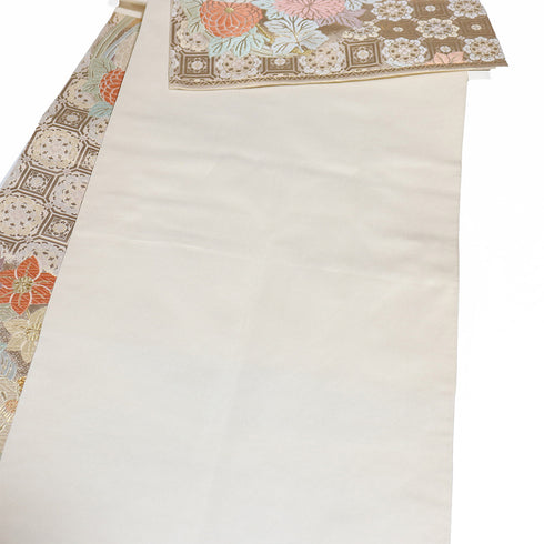 袋帯 リサイクル 帯丈430cm 六通 橘や菊や流水柄 刺繍 ベージュ Sサイズ 正絹 Sランク フォーマル セミフォーマル