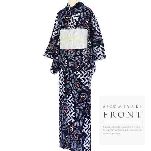 浴衣 リサイクル 夏着物 身丈152.3cm 裄62cm 夏物 絞り 花柄 ネイビー Sサイズ カジュアル しつけ糸 木綿 洗える着物 バチ衿 Sランク